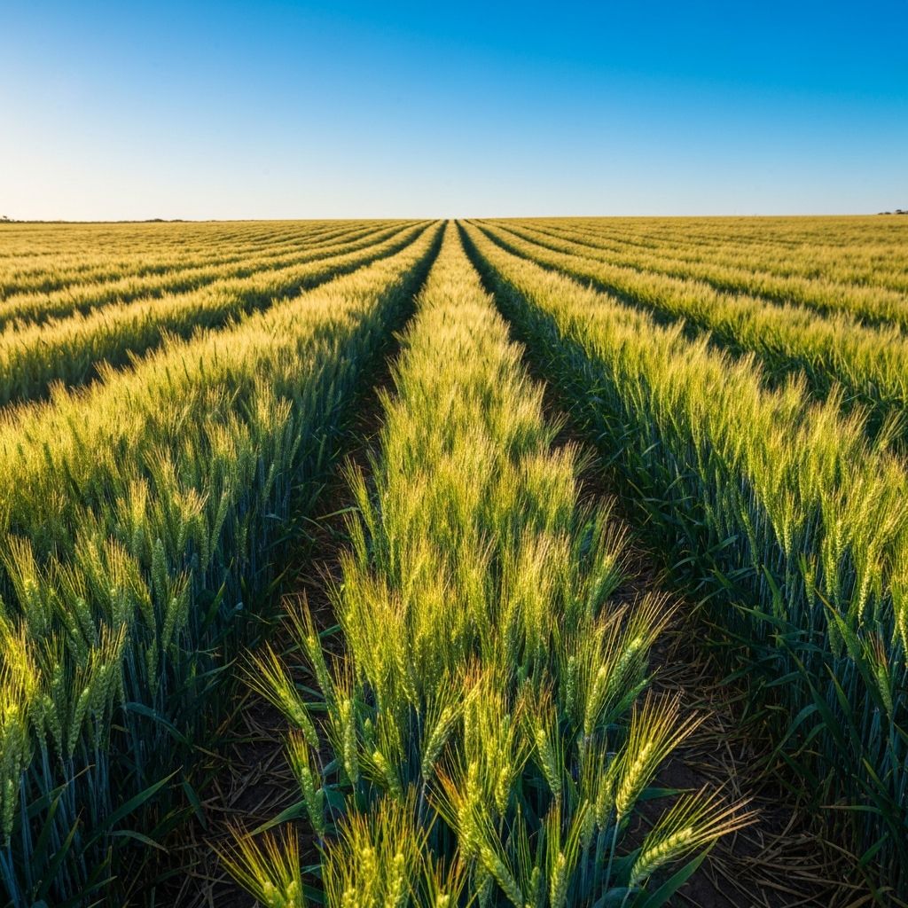 Healthy green wheat crop rows in a Victorian farm field under warm sunlight